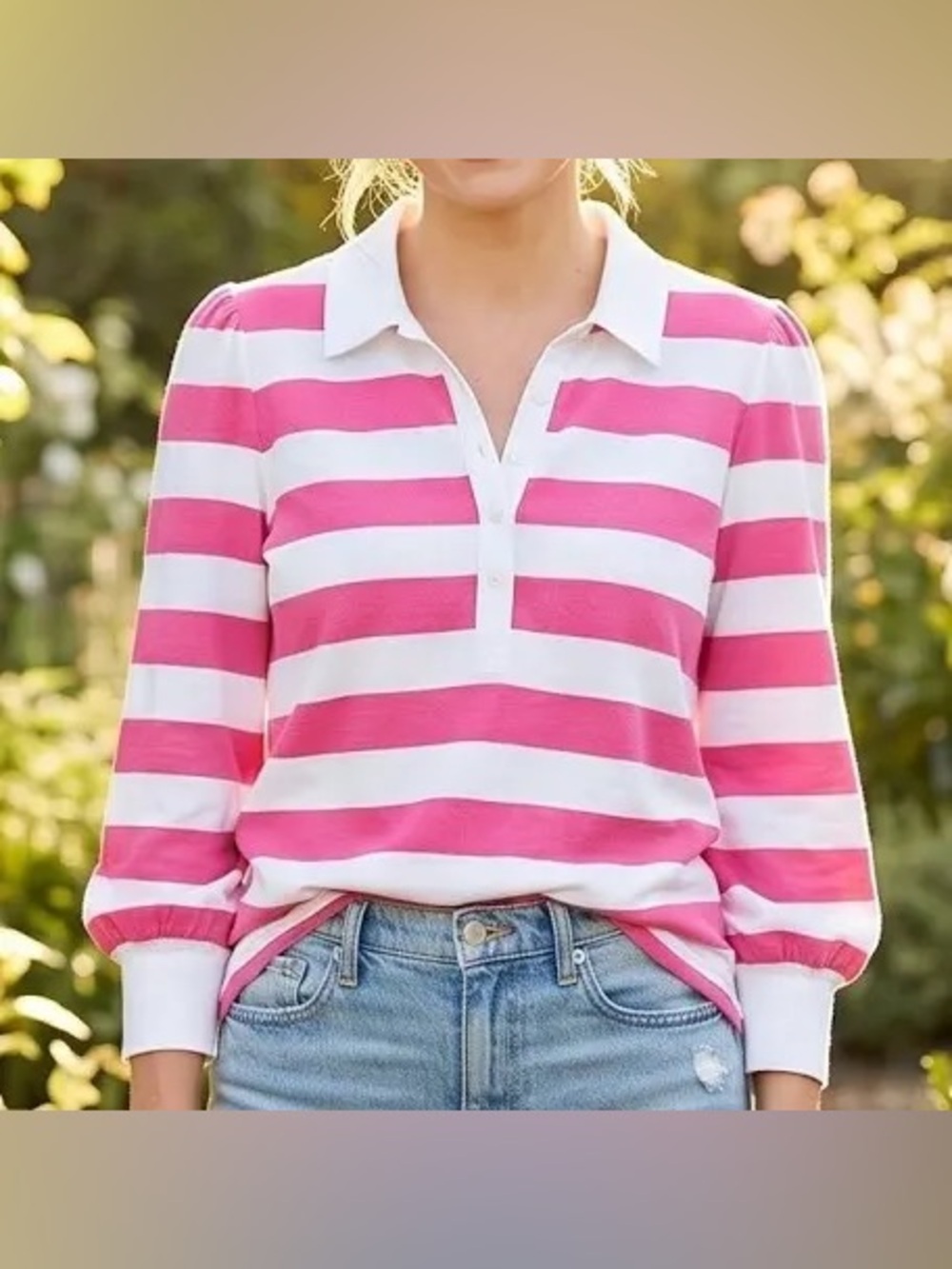 Loft hot pink and white striped long-sleeve rugby polo shirt size M. New
